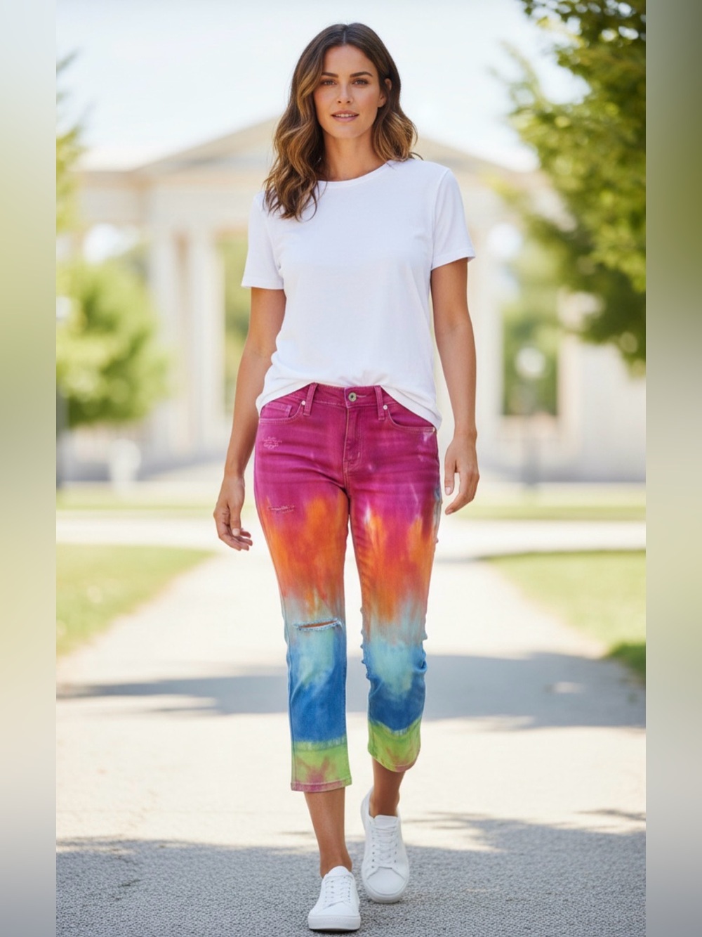 Women’s 5 Hand Dyed Cropped Jeans Rips Cuffed Orange‎ Pink Grunge Boho Skater